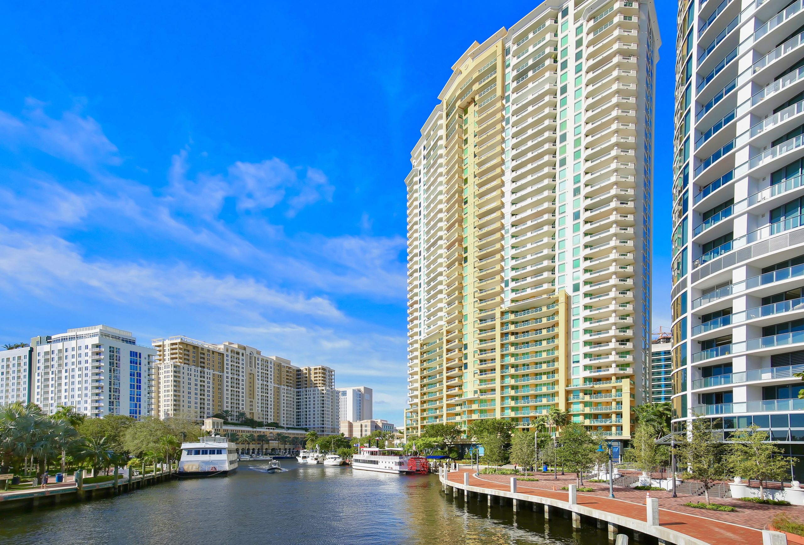 Fort Lauderdale's Riverfront, bustling with boating activity and lined with highrise condos and apartments located at Las Olas Boulevard in downtown Fort Lauderdale, Florida.