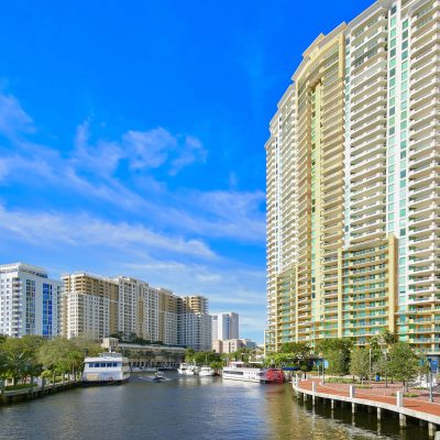 Fort Lauderdale's Riverfront, bustling with boating activity and lined with highrise condos and apartments located at Las Olas Boulevard in downtown Fort Lauderdale, Florida.